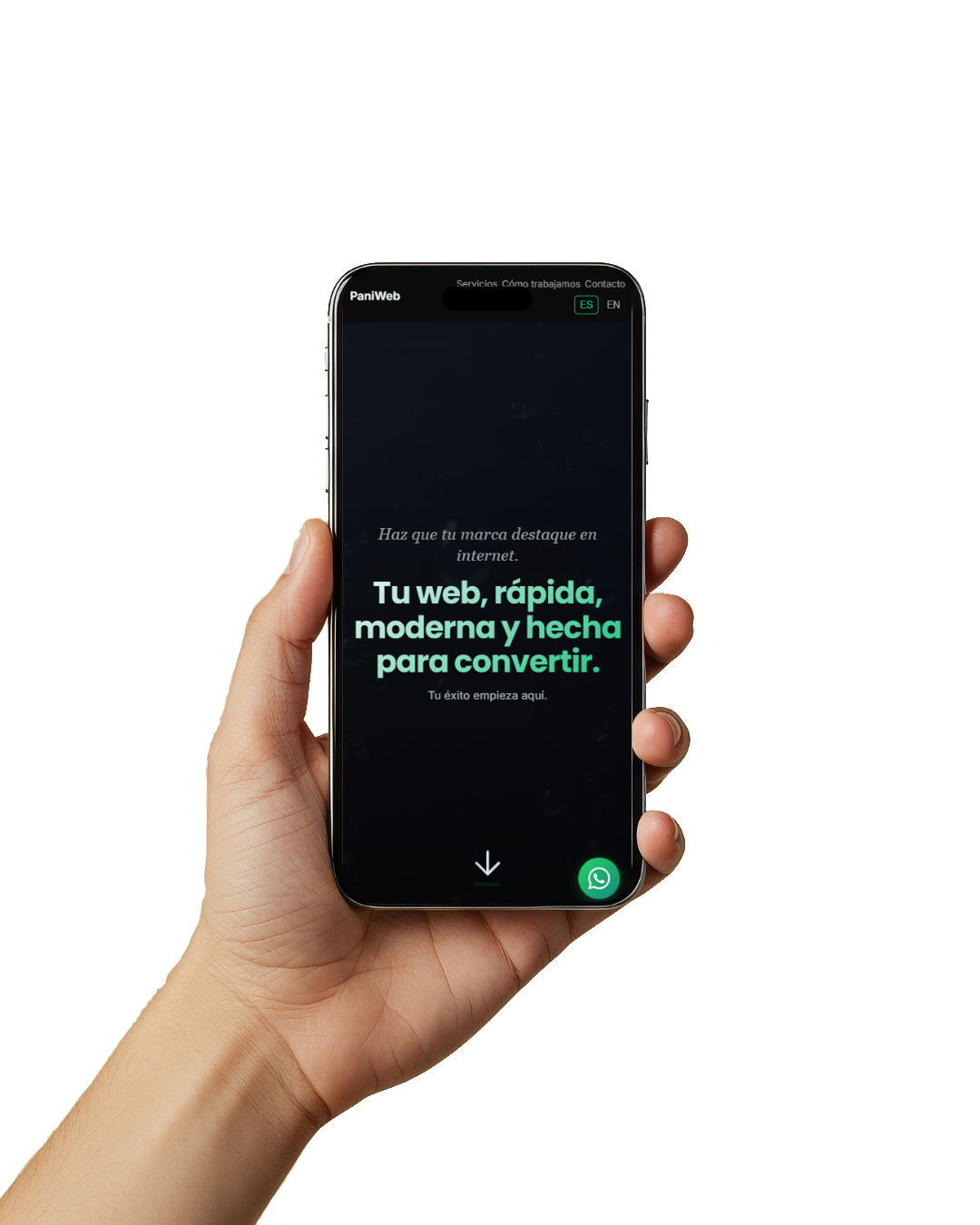 Mano sosteniendo móvil mostrando diseño responsive